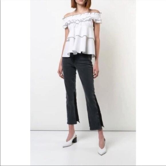 Derek Lam Gia Jeans Mid Rise Cropped Flare Black Denim Raw Hem Size 27 - Picture 1 of 13